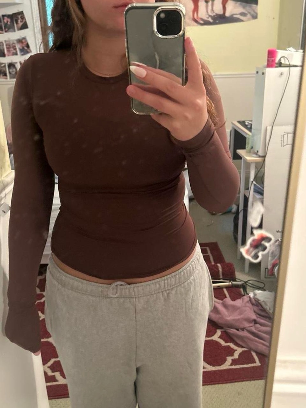 Slim Fit Long Sleeve Crewneck Top - Brown